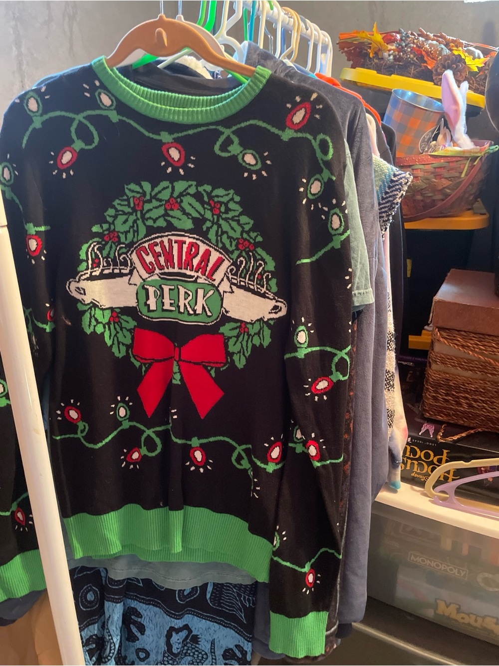 FRIENDS Black Crewneck Sweater with Green Trim and Red Accents